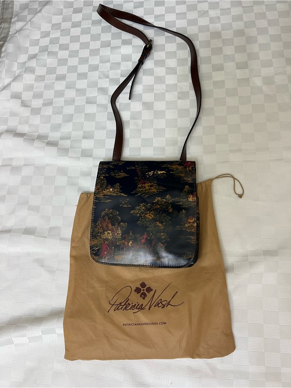 Patricia Nash Black Scenic Print Crossbody with Brown Strap